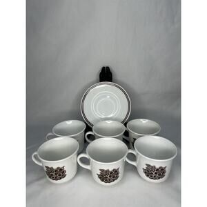 Vintage CORELLE Batik Cups & Saucers Brown Button Flowers Floral Set of 6